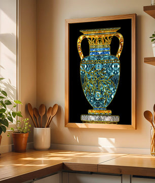 Jarrón de mosaico detallado con piedras preciosas doradas y azules sobre fondo negro
