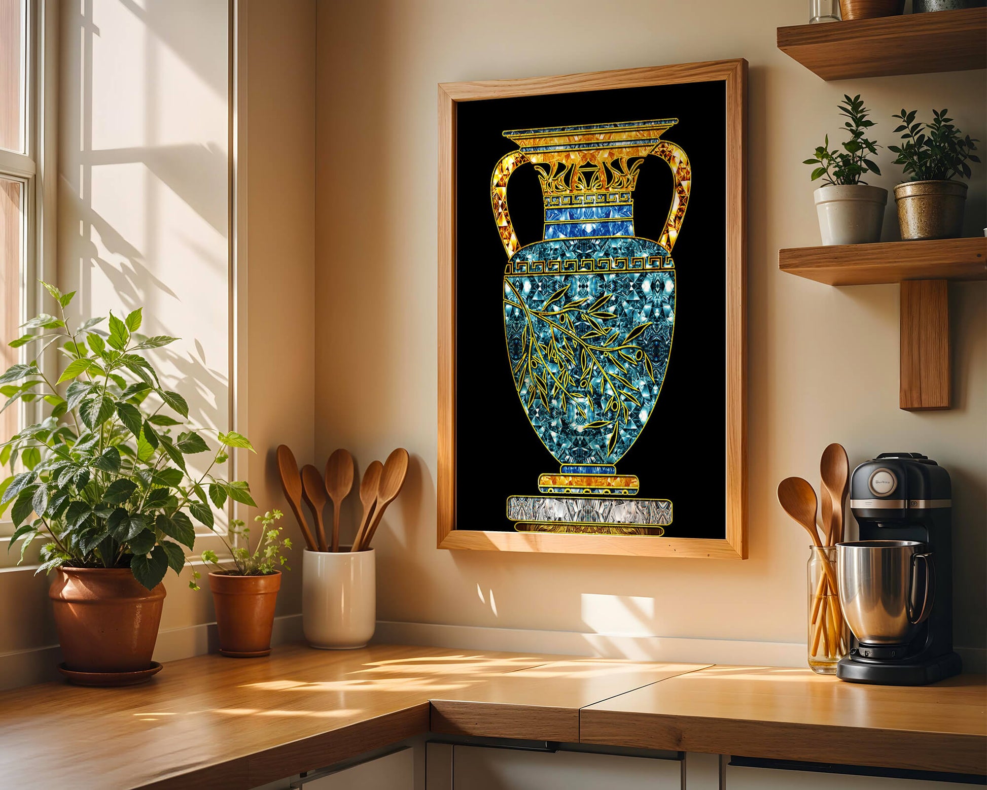 Jarrón de mosaico detallado con piedras preciosas doradas y azules sobre fondo negro