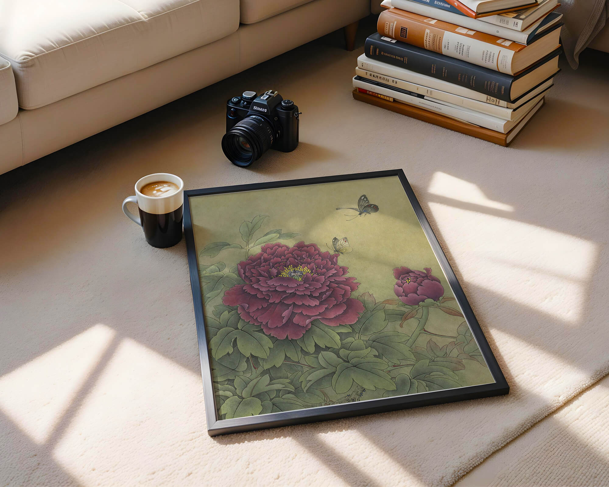 Delicate peonies with butterflies in a serene natural setting