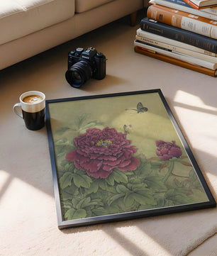 Delicate peonies with butterflies in a serene natural setting