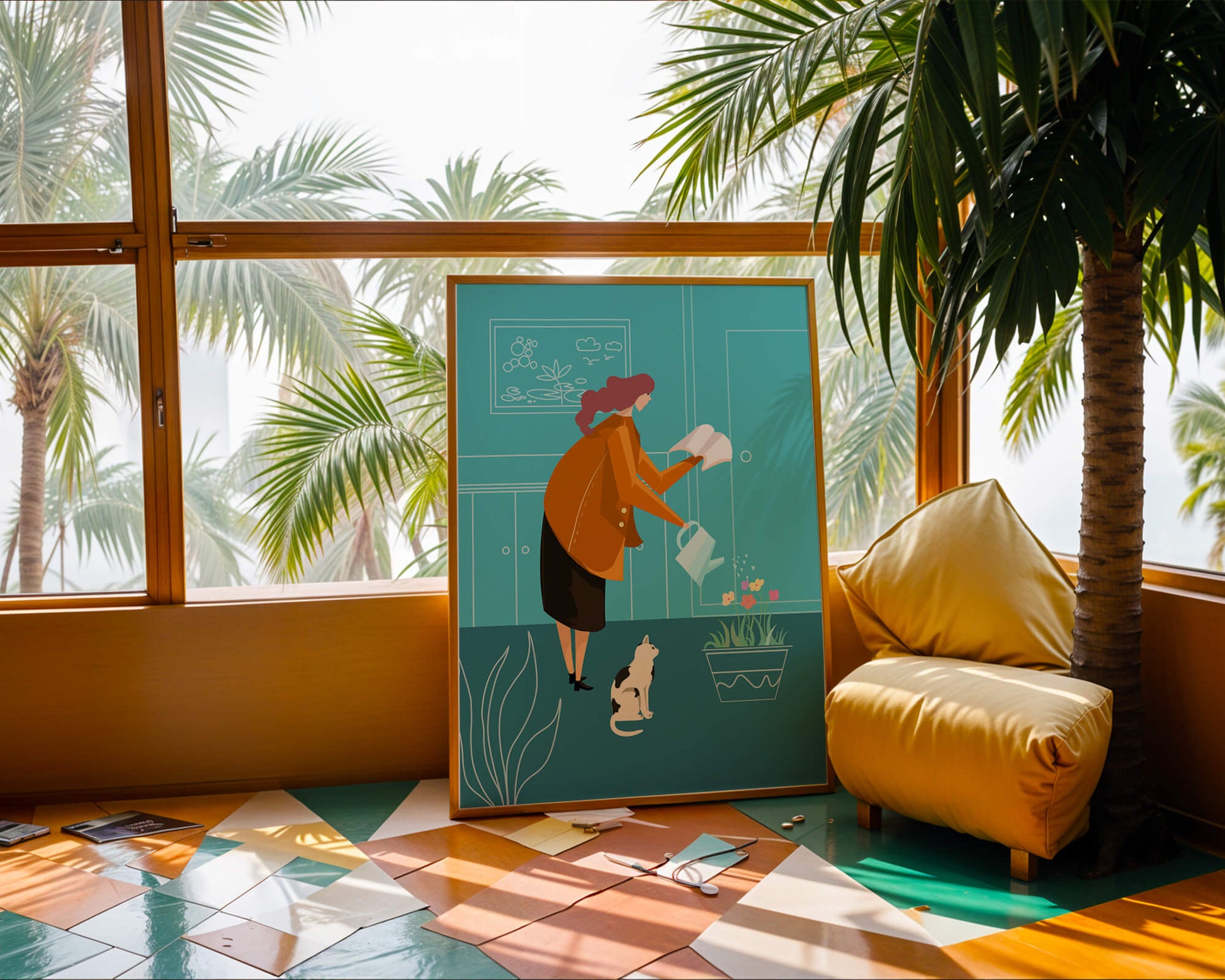 Mujer regando flores con un gato en un interior moderno