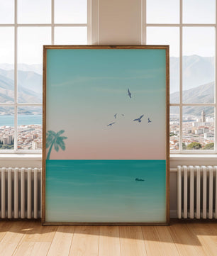 Serene Beach Landscape with Palm Trees and Seagulls at Sunset