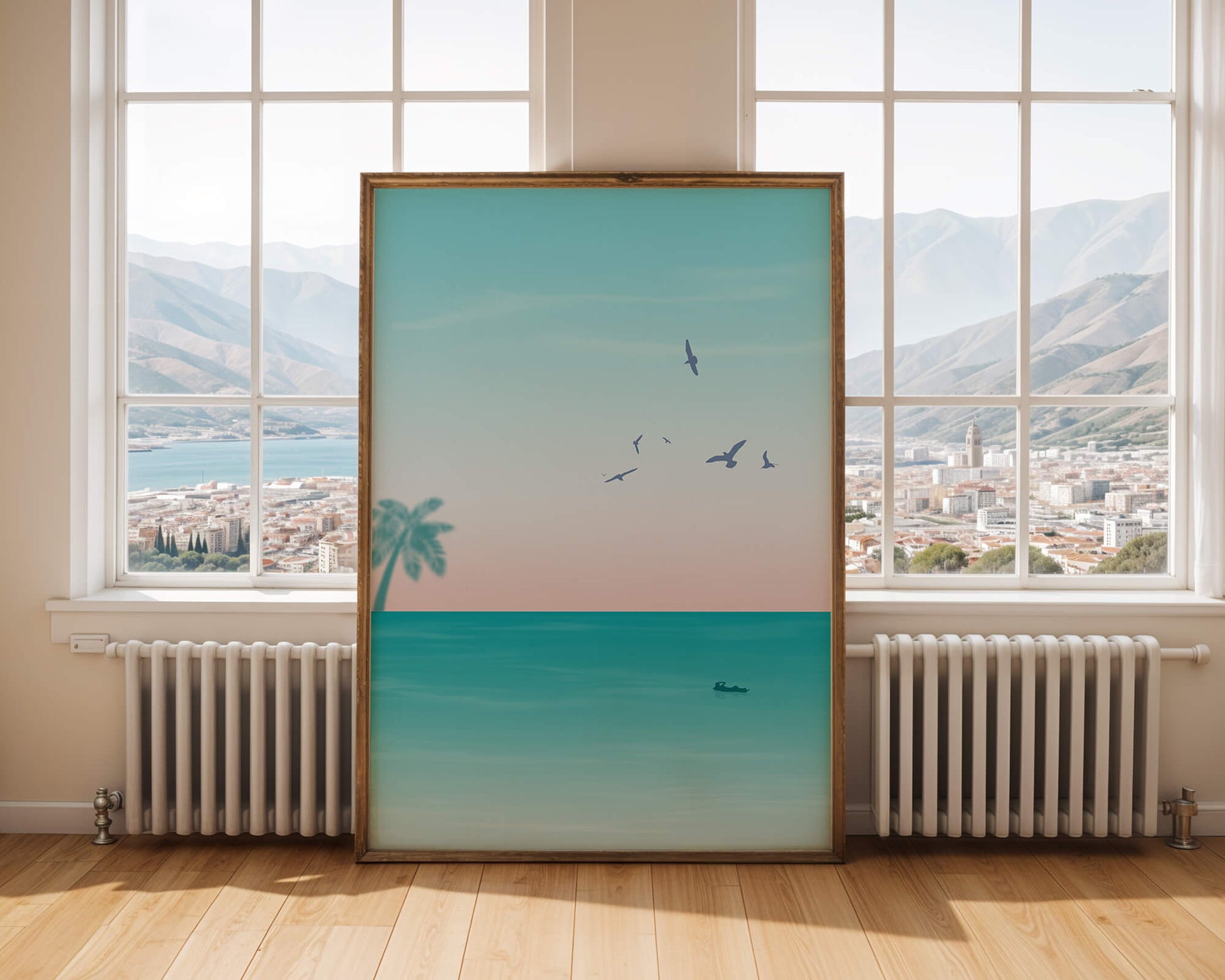 Serene Beach Landscape with Palm Trees and Seagulls at Sunset