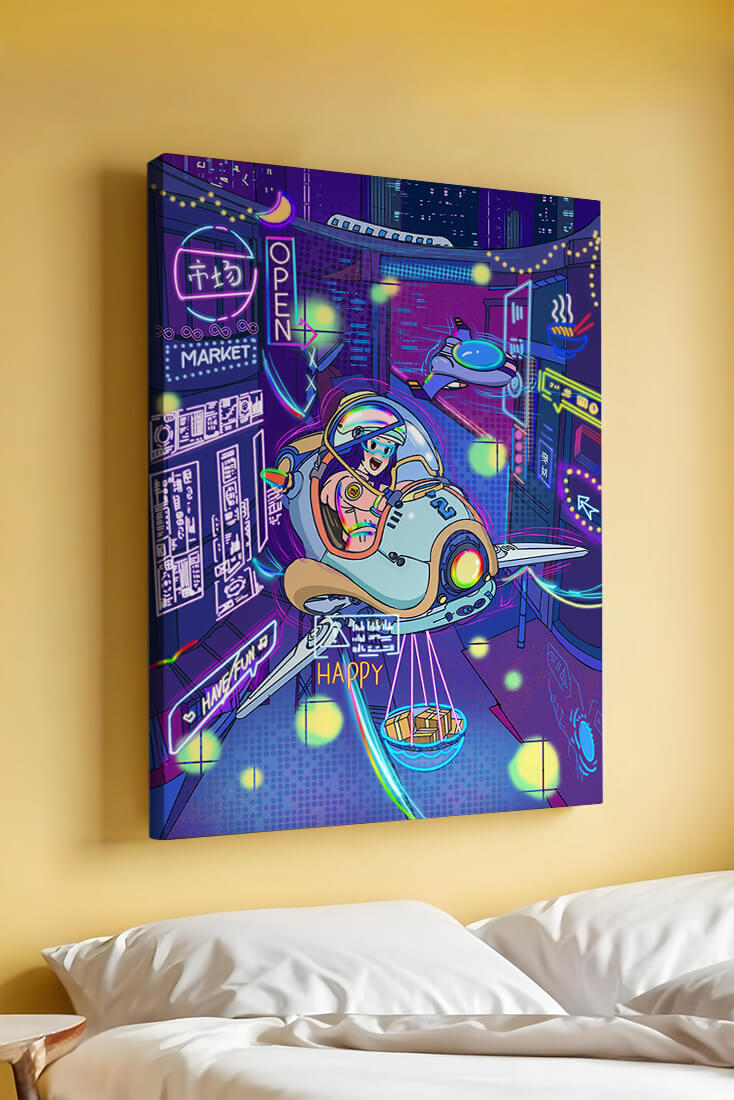 Futuristic cityscape with a flying delivery vehicle and neon signs