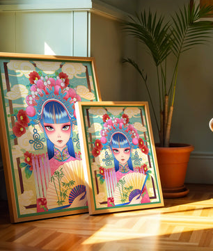 Ilustración elegante inspirada en el arte asiático con tocado elaborado y motivos florales