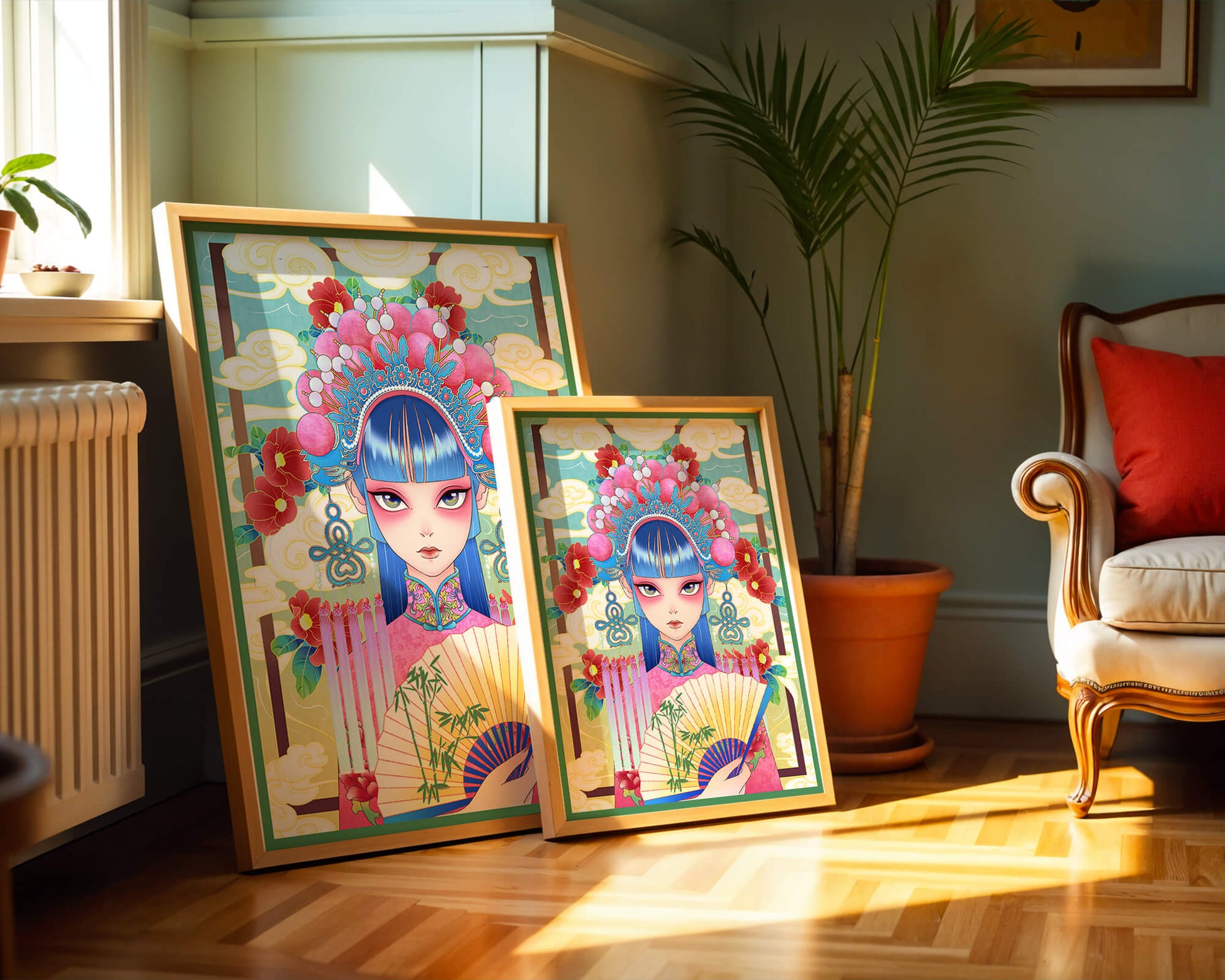 Ilustración elegante inspirada en el arte asiático con tocado elaborado y motivos florales