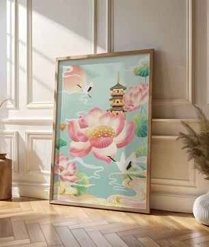 Paysage serein avec des fleurs de lotus et une pagode traditionnelle