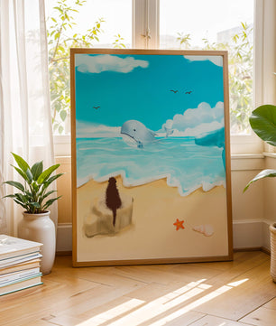 Meeresblick mit Wal und Elemente am Strand