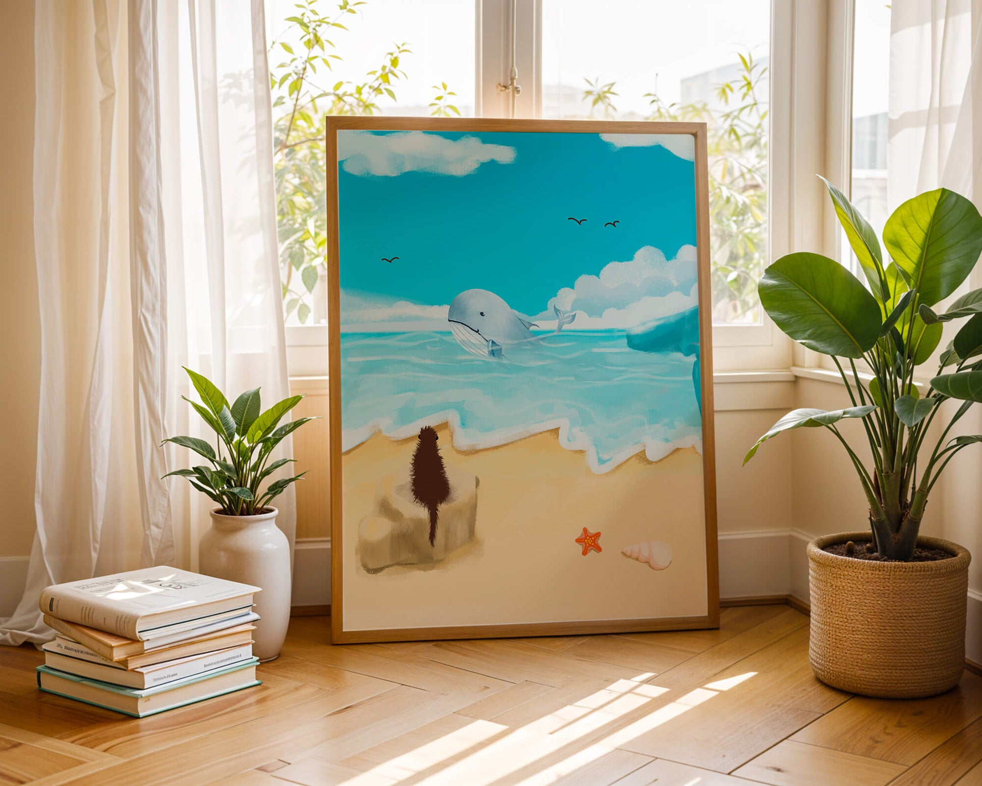 Vista al océano con ballena y elementos de playa