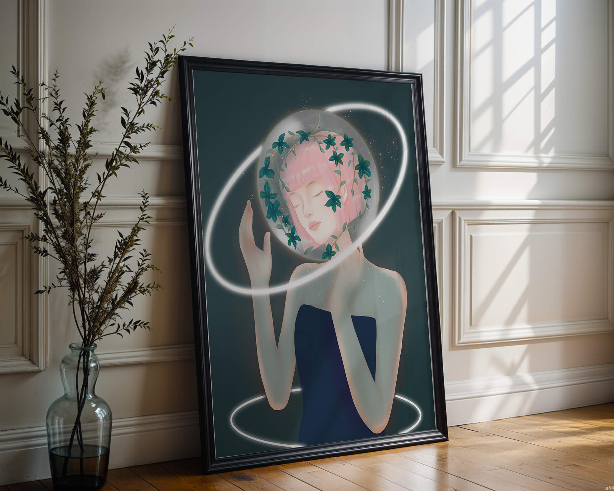 Dreamlike fantasy portrait with ethereal pink-haired figure