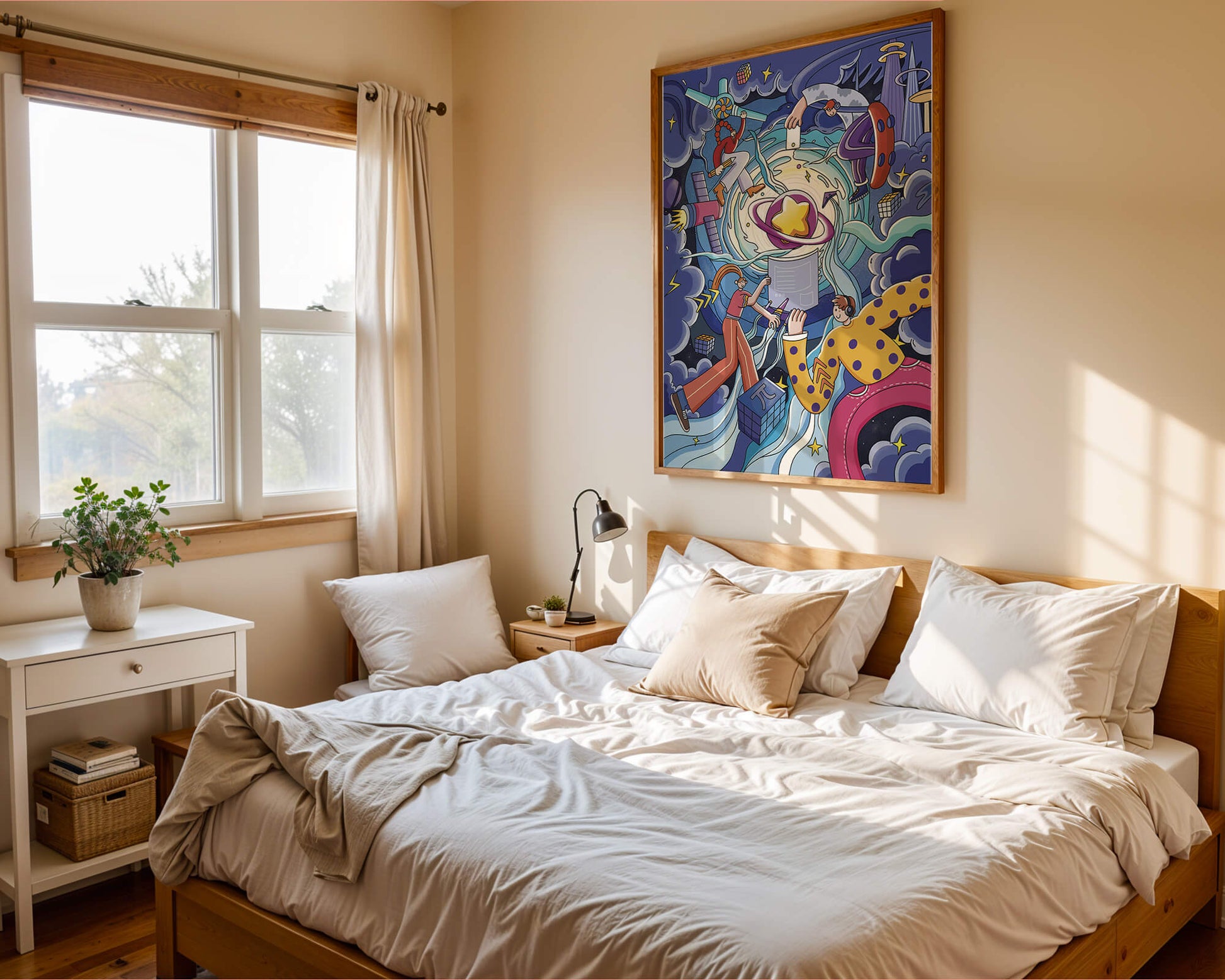 Colorful Cosmic Exploration with Animated Characters and Geometric Shapes