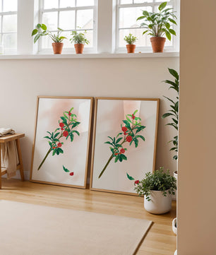Ilustración detallada de una rama floreciente con flores rojas vivas y hojas verdes exuberantes