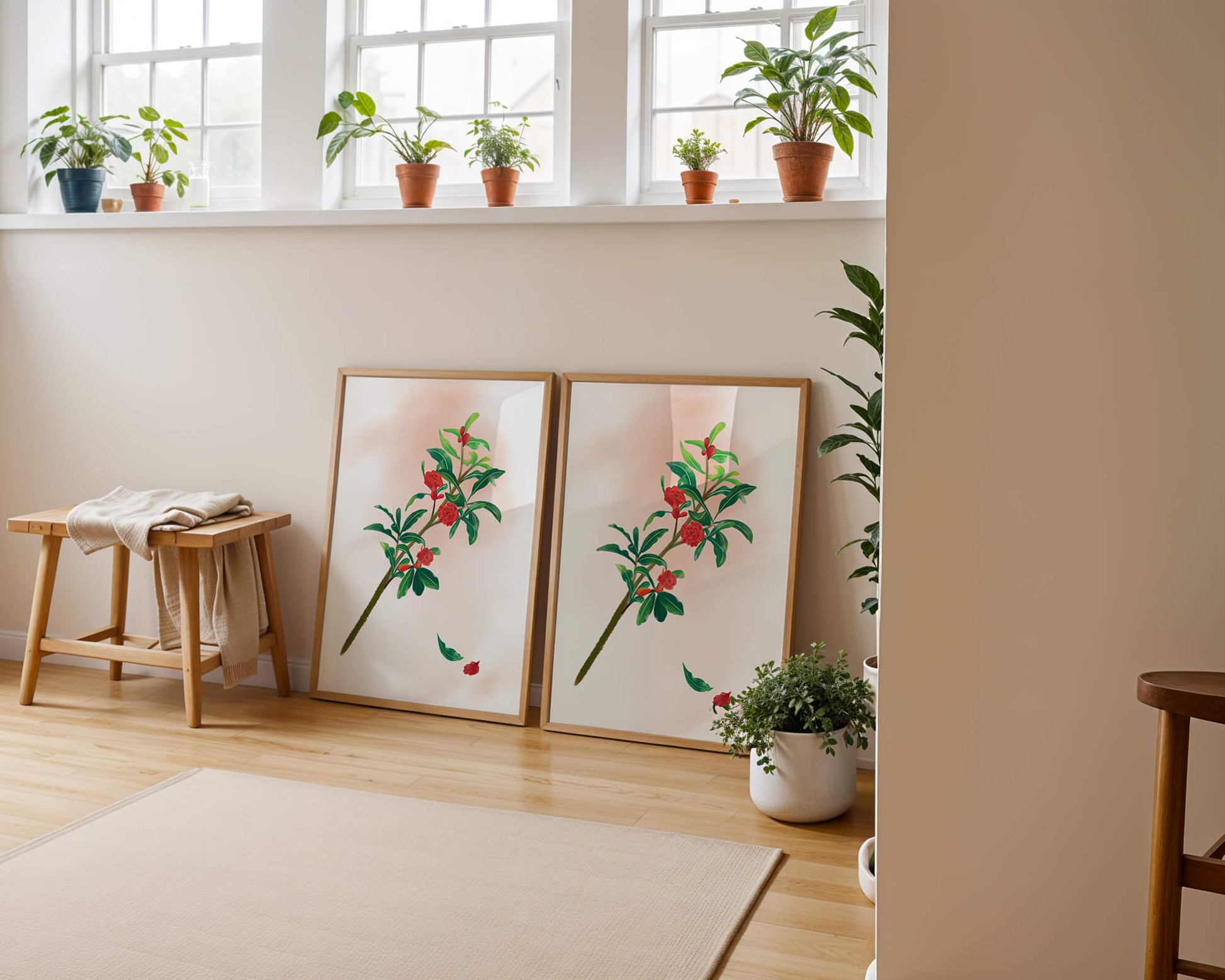 Detailed illustration of a flowering branch with vivid red blooms and lush green leaves