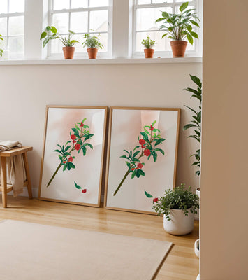 Detailed illustration of a flowering branch with vivid red blooms and lush green leaves
