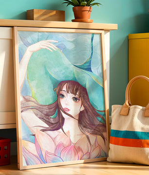 Serene water-inspired portrait of a woman with flowers