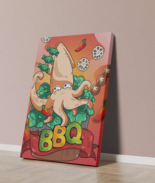 Calamar a la parrilla estilo caricatura peculiar con vegetales