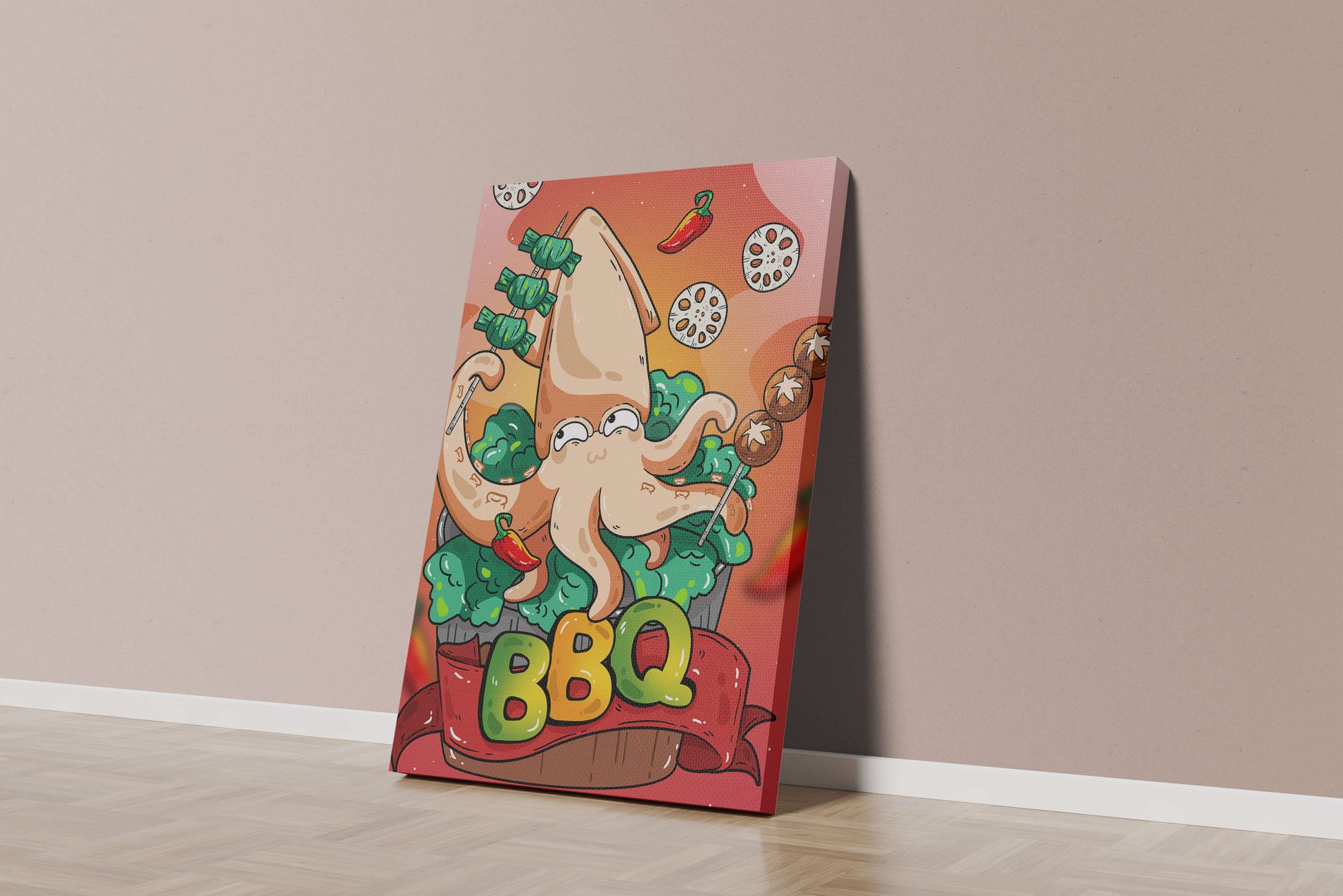 Quirky Cartoon Squid BBQ with Vegetables