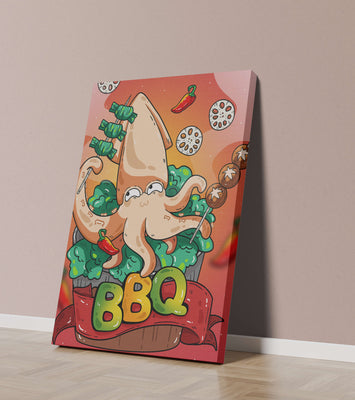 Quirky Cartoon Squid BBQ with Vegetables