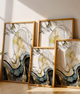 Arte abstracto con líneas fluidas y detalles dorados