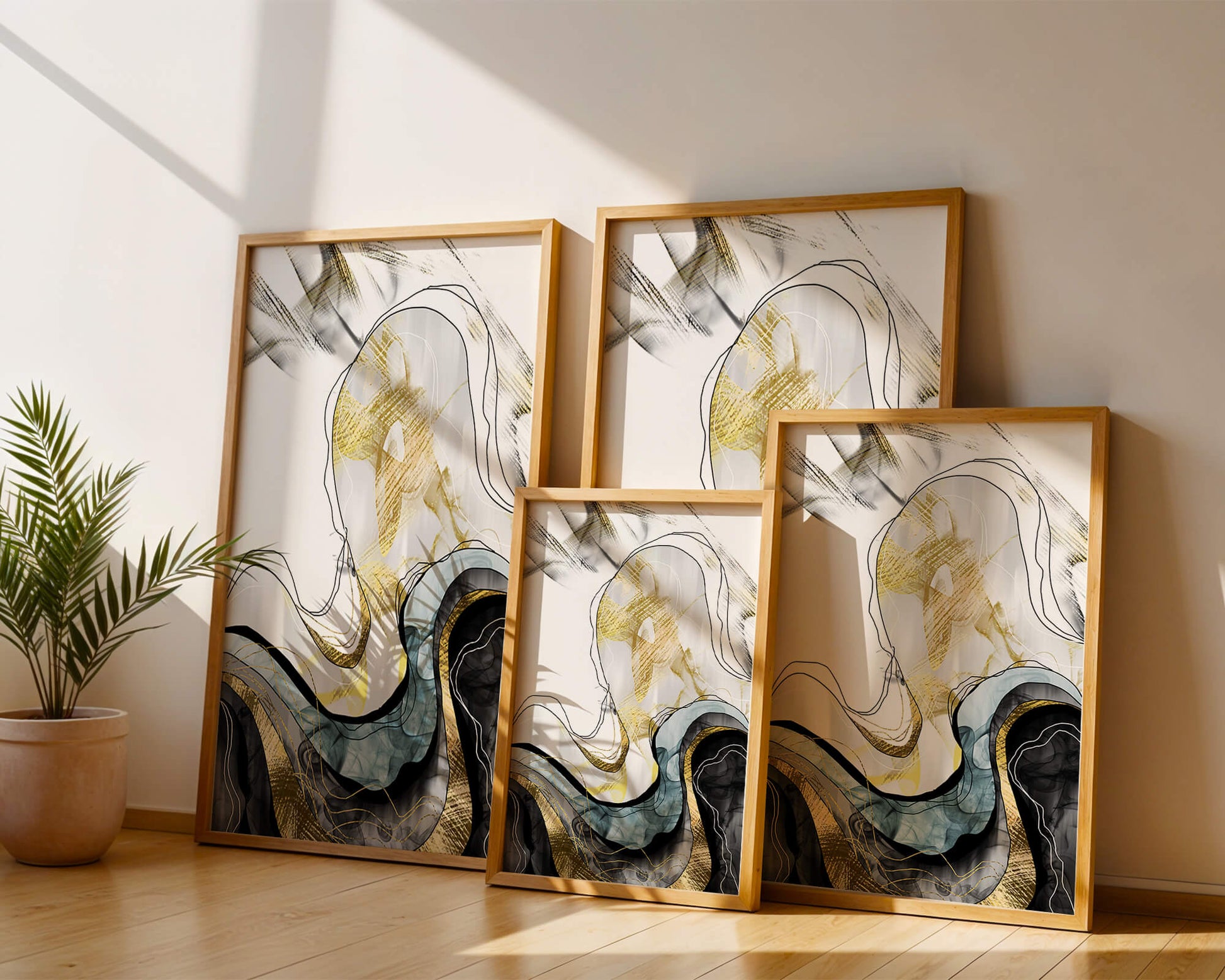 Arte abstracto con líneas fluidas y detalles dorados