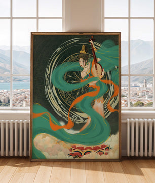 Elegant depiction of traditional musical culture with vibrant flowing ribbons and intricate patterns
