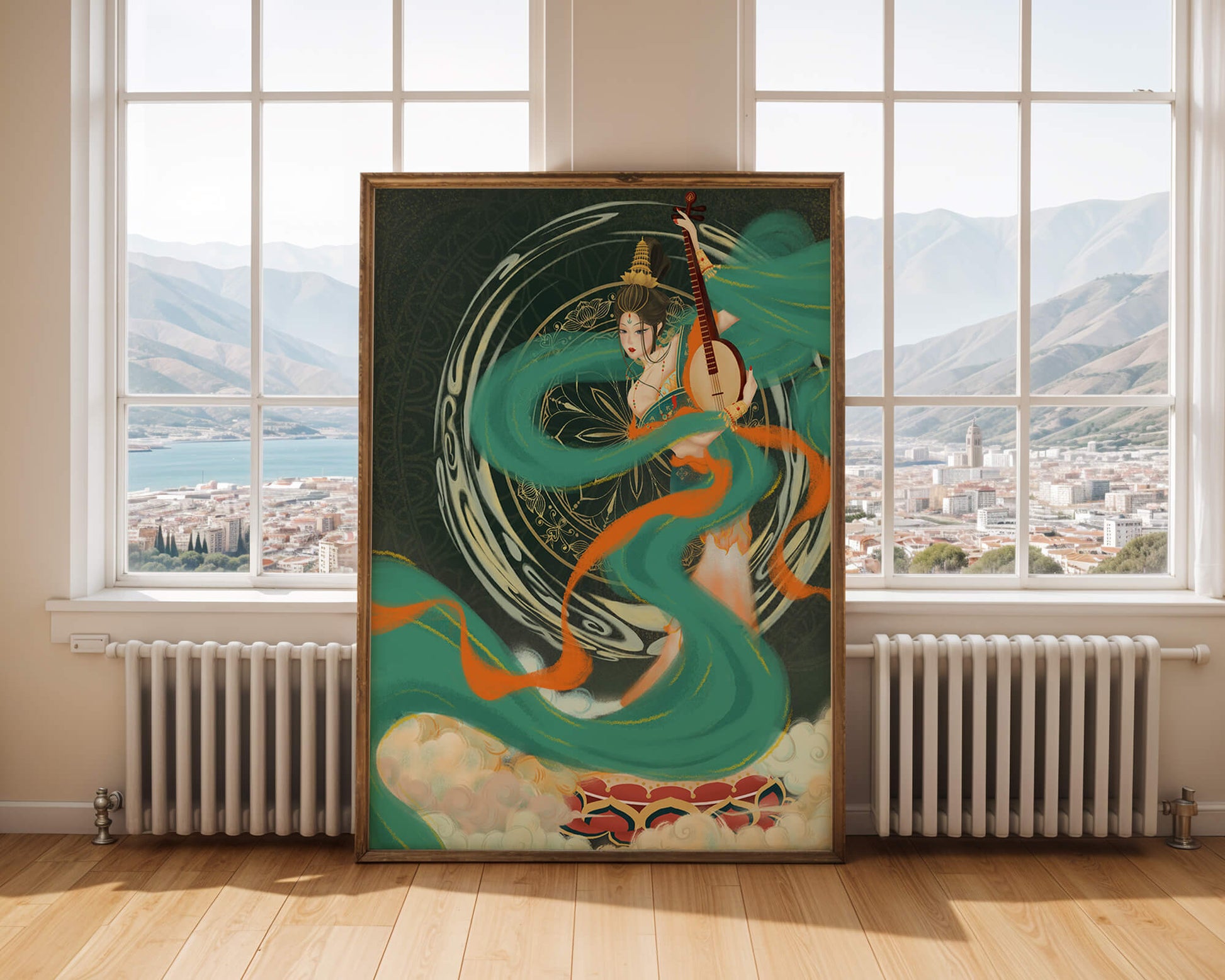 Elegant depiction of traditional musical culture with vibrant flowing ribbons and intricate patterns