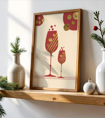 Stylish wine glasses with gold accents and a festive theme