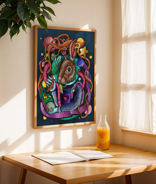 Ilustración abstracta colorida de un conejo en el espacio con pulpo, planetas y zanahoria