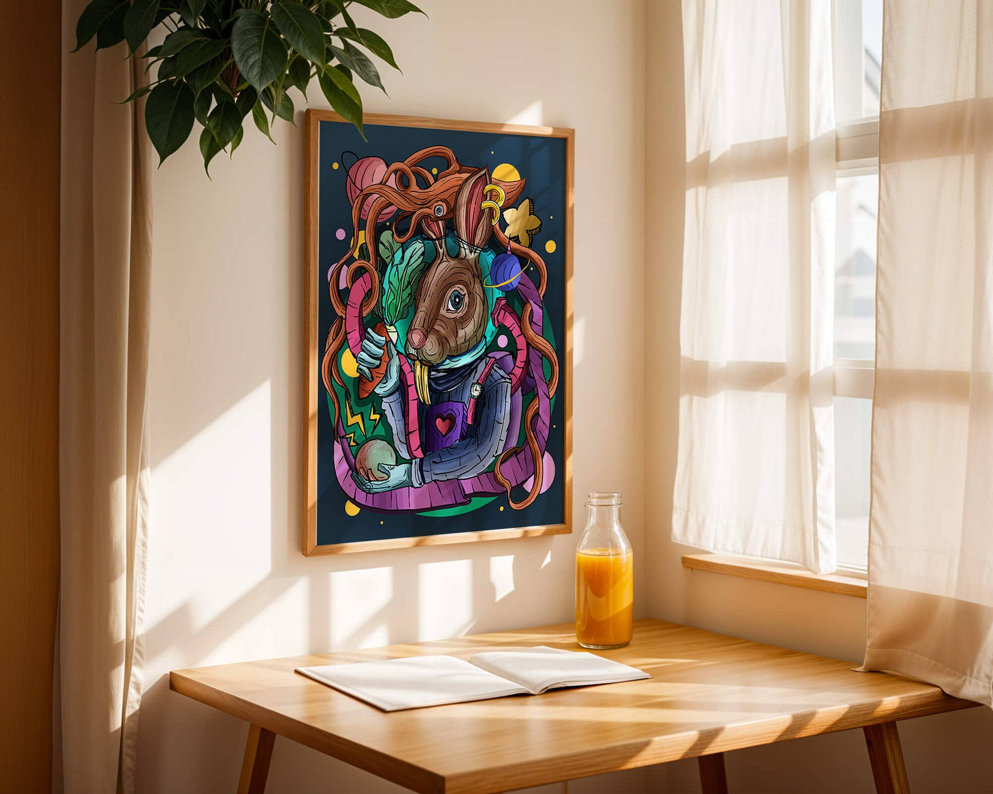 Ilustración abstracta colorida de un conejo en el espacio con pulpo, planetas y zanahoria.