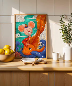 Whimsical illustration of a mouse riding a golden fish in a vibrant fantasy setting