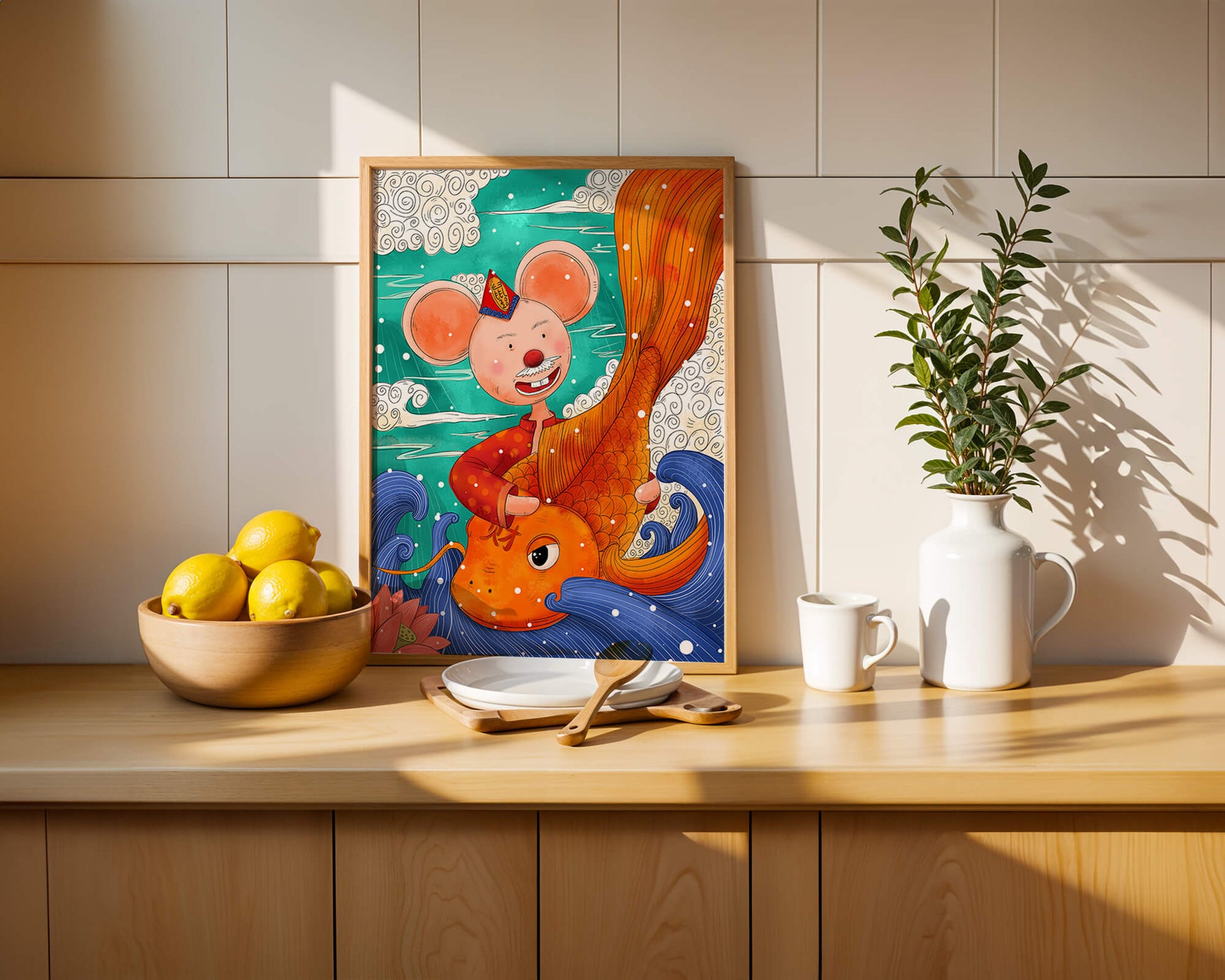 Whimsical illustration of a mouse riding a golden fish in a vibrant fantasy setting