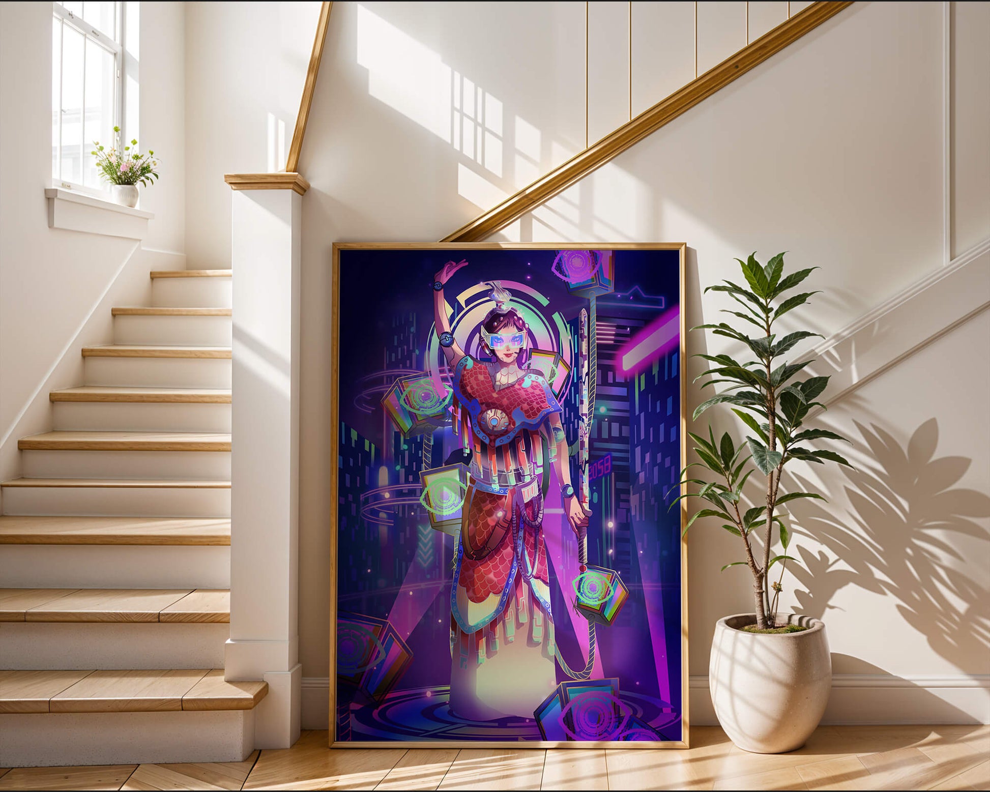 Futuristic warrior in vibrant neon cityscape with digital elements