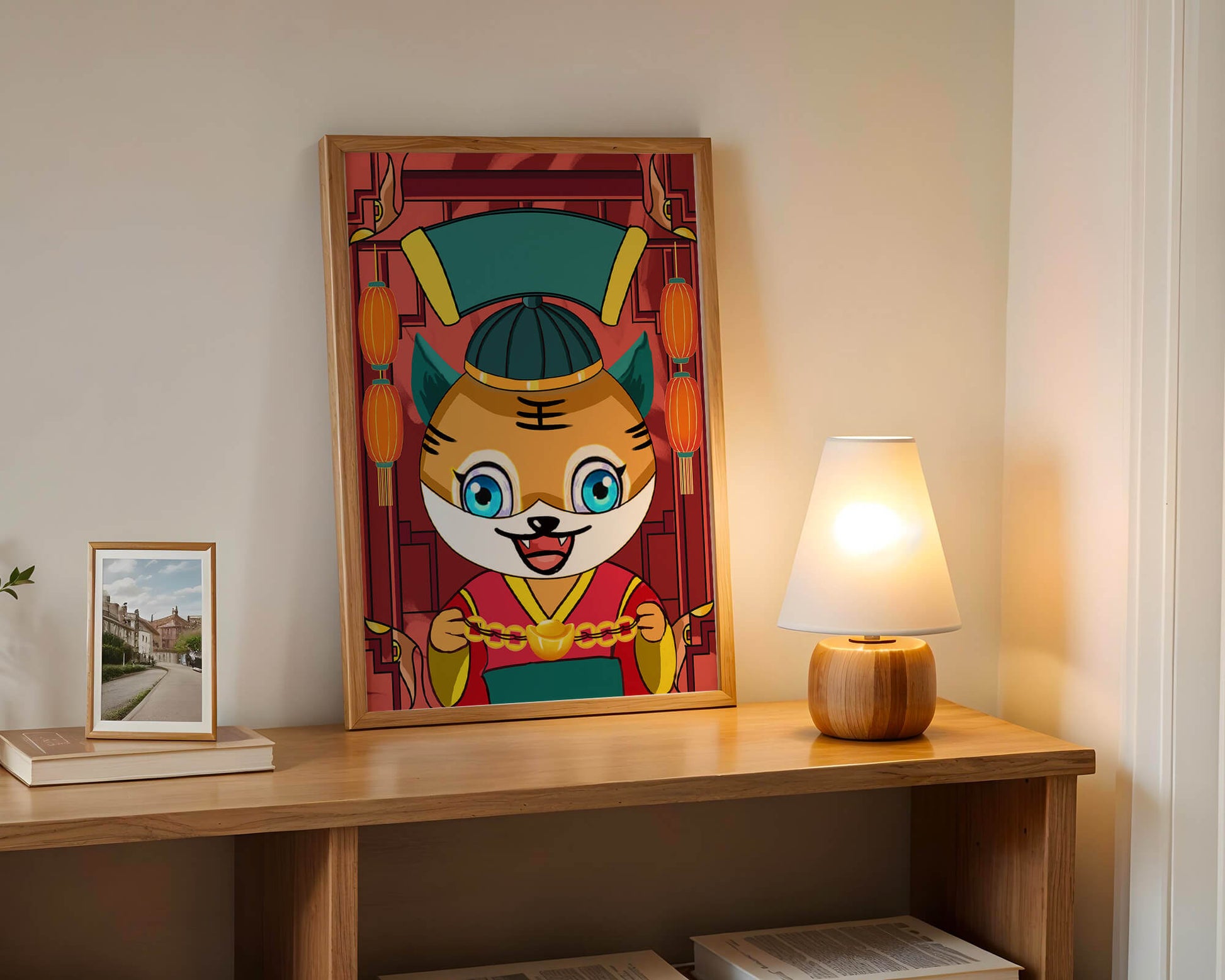 Colorful cartoon tiger with lanterns and traditional elements