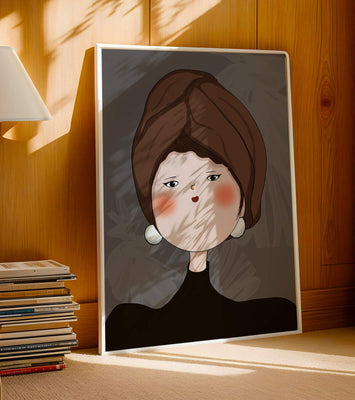 Elegant portrait of a woman with a unique headscarf and expressive features