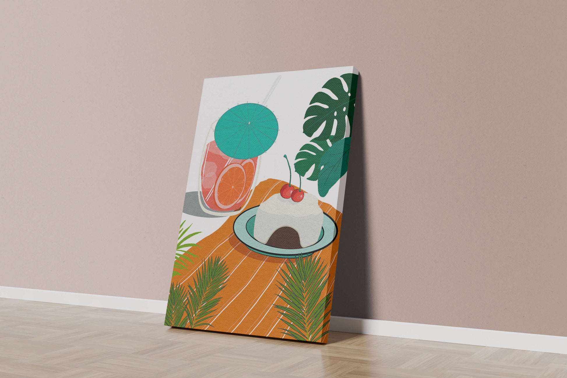 Tropical Dessert with Cherries and Refreshing Drink Under a Parasol