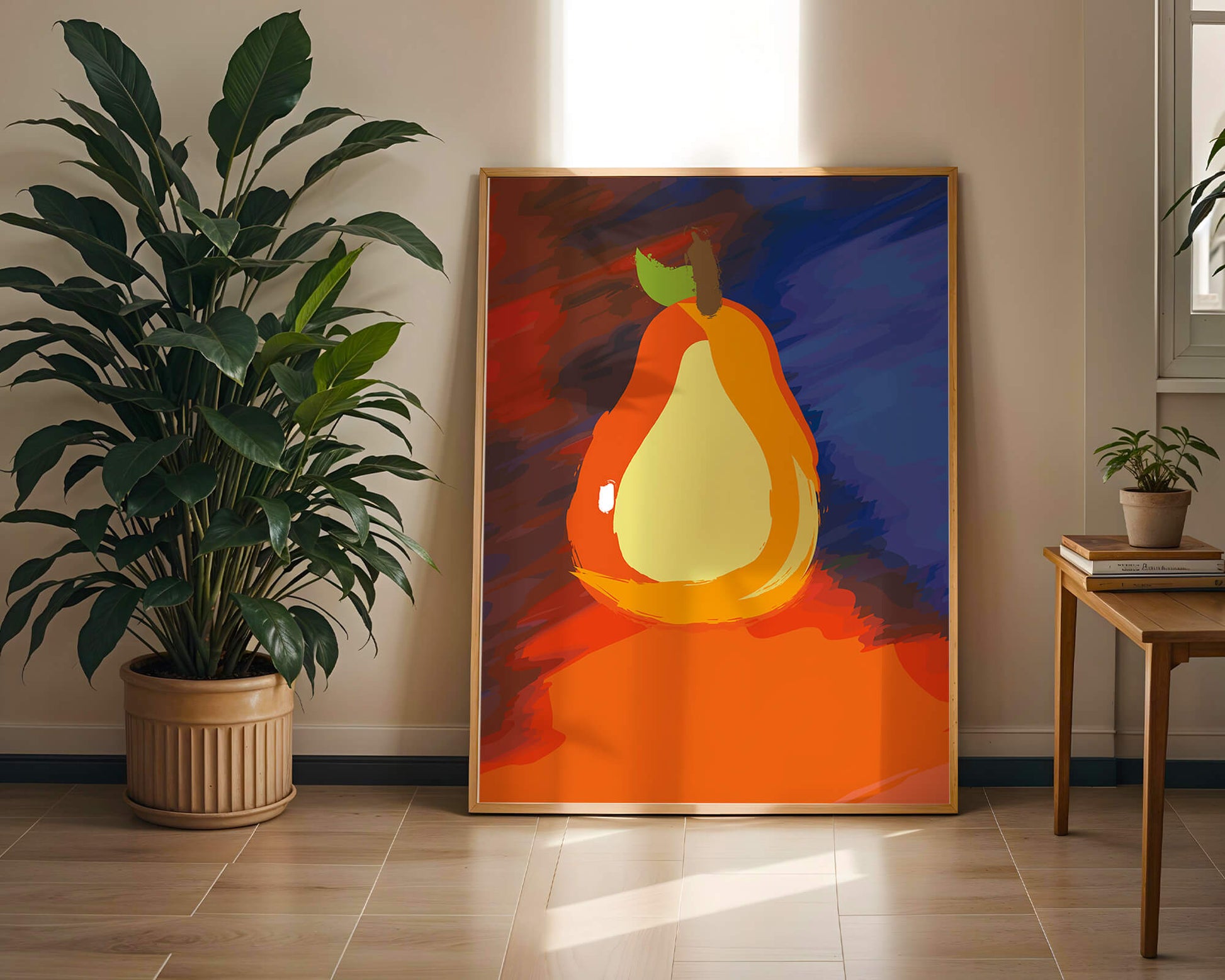 Pintura abstracta de una pera colorida sobre un fondo vibrante.