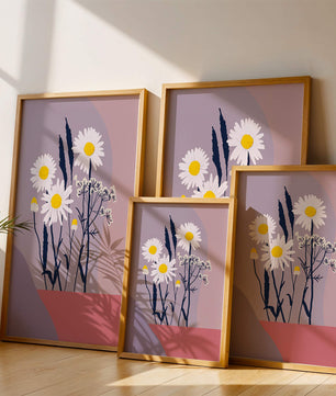 Illustrative floral artwork with daisies and abstract background