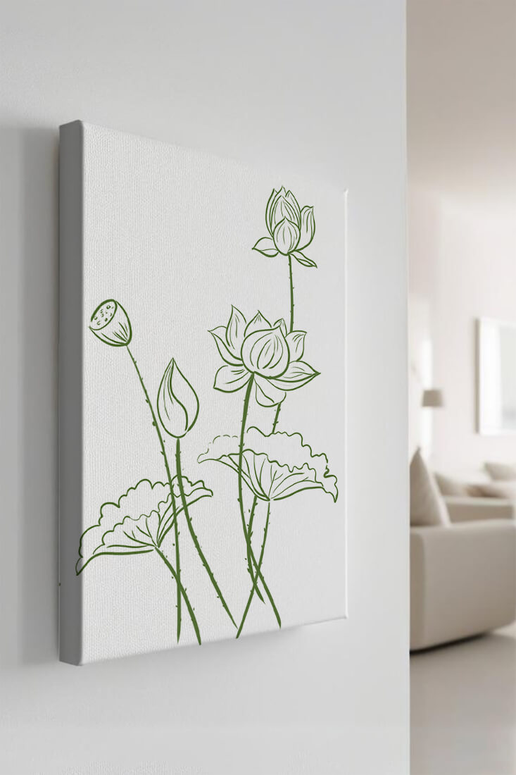 Ilustración de arte lineal verde de flores de loto con capullos