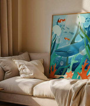 Underwater scene with whale, fish, and sea plants illustration