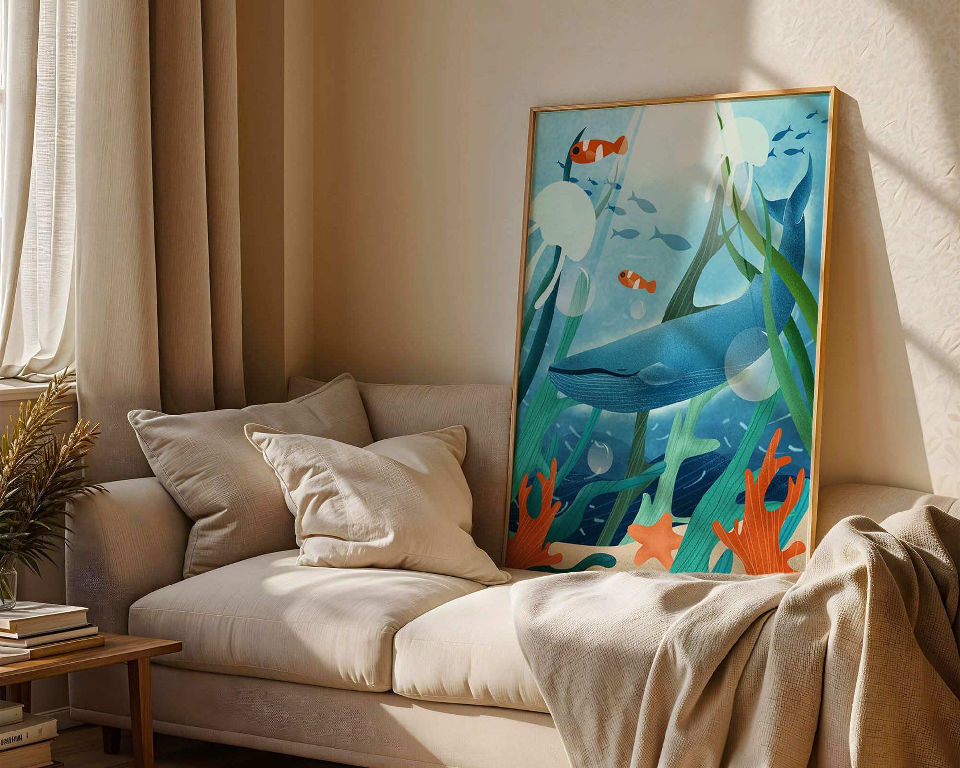 Underwater scene with whale, fish, and sea plants illustration