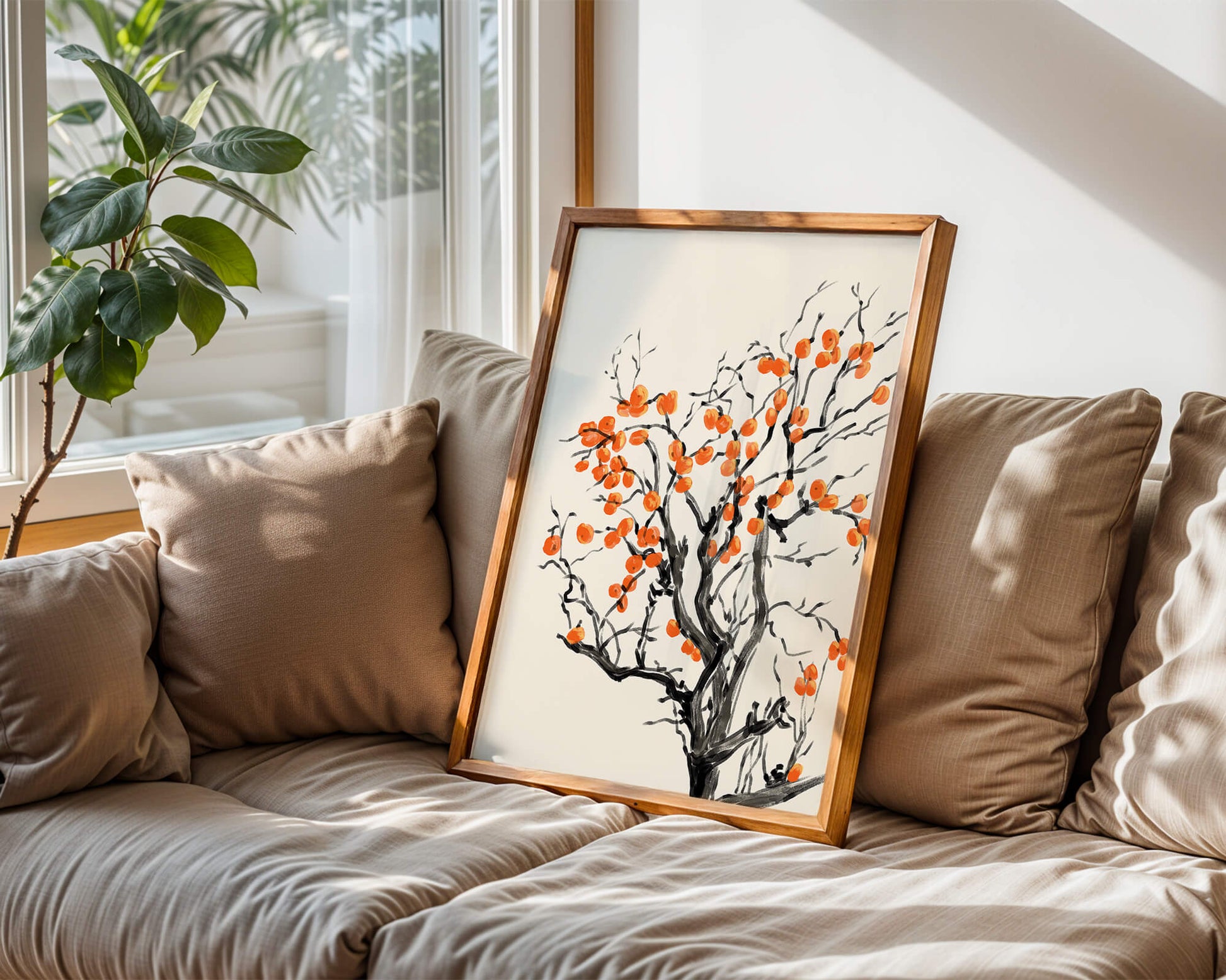 Elegant watercolor tree with vibrant orange fruit