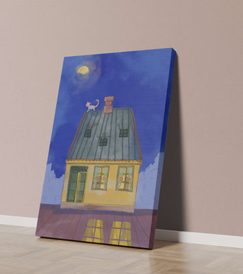 Charming Nighttime House with a Cat on the Roof Under the Moon
