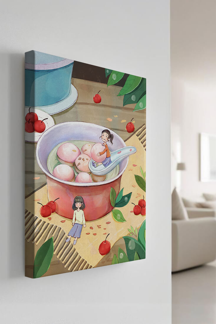 Charming illustration of children with dessert in a whimsical setting