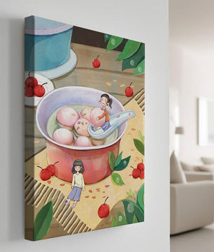 Charming illustration of children with dessert in a whimsical setting