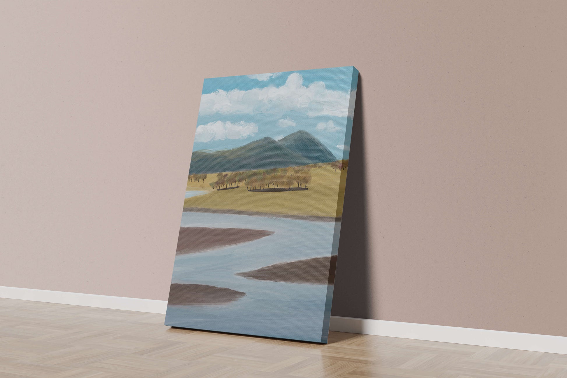 Serene Landscape with Mountains, Trees, and River