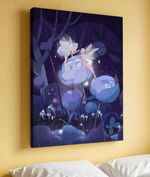 La forêt enchantée avec des fées et des fleurs lumineuses la nuit