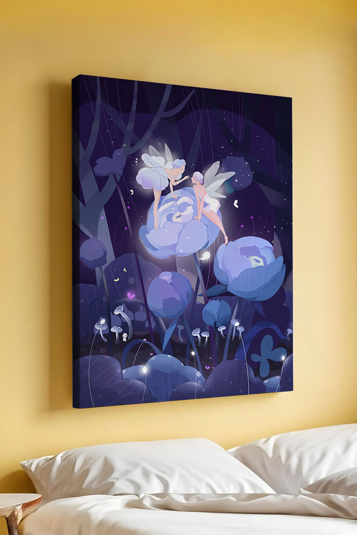 La forêt enchantée avec des fées et des fleurs lumineuses la nuit