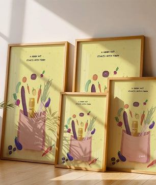 Ilustración de vegetales frescos y leche en una bolsa de comestibles