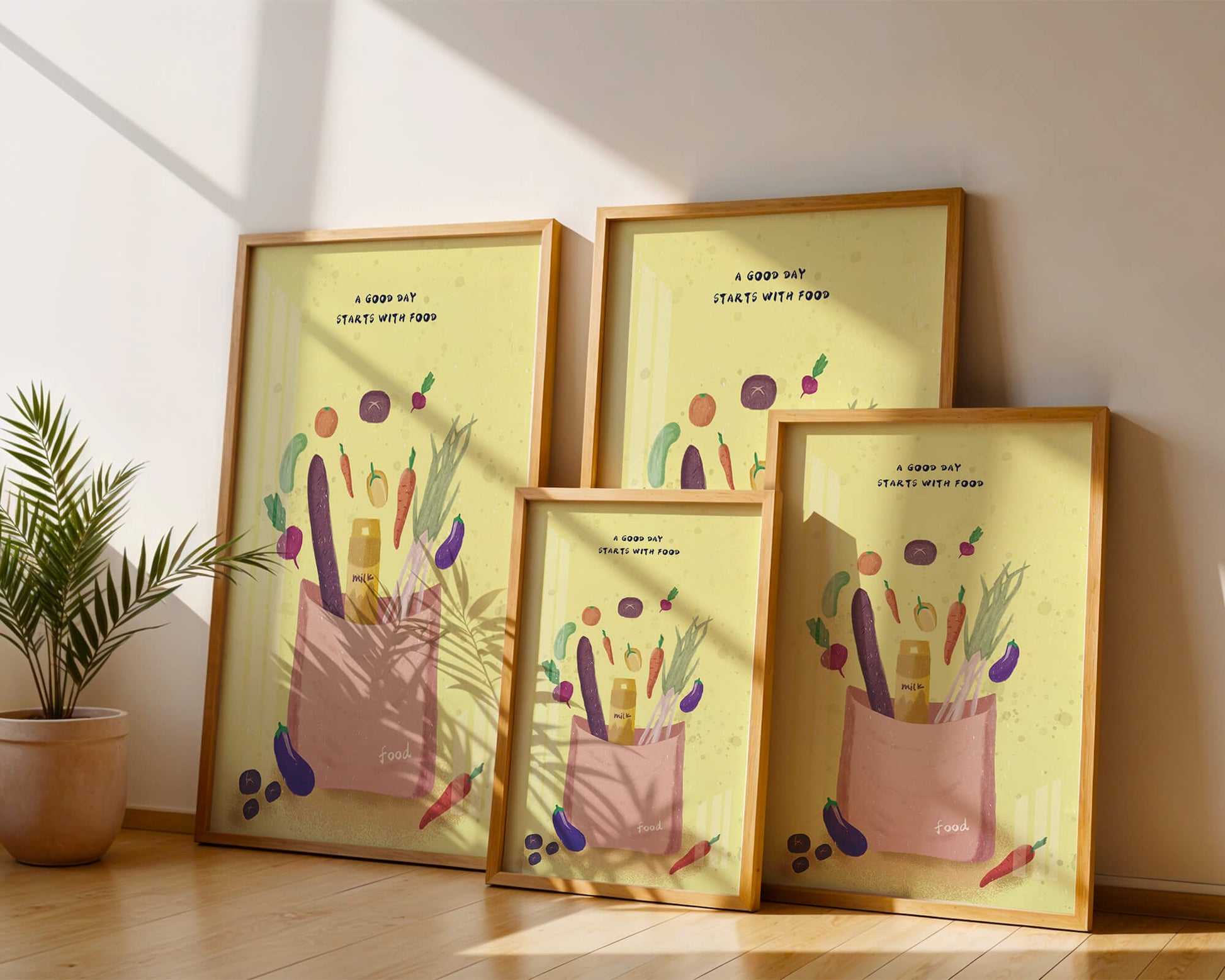 Ilustración de vegetales frescos y leche en una bolsa de comestibles