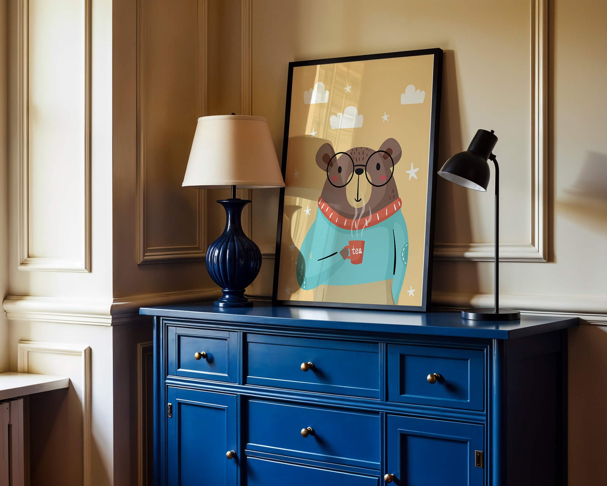 Illustration of a cozy bear enjoying tea with glasses